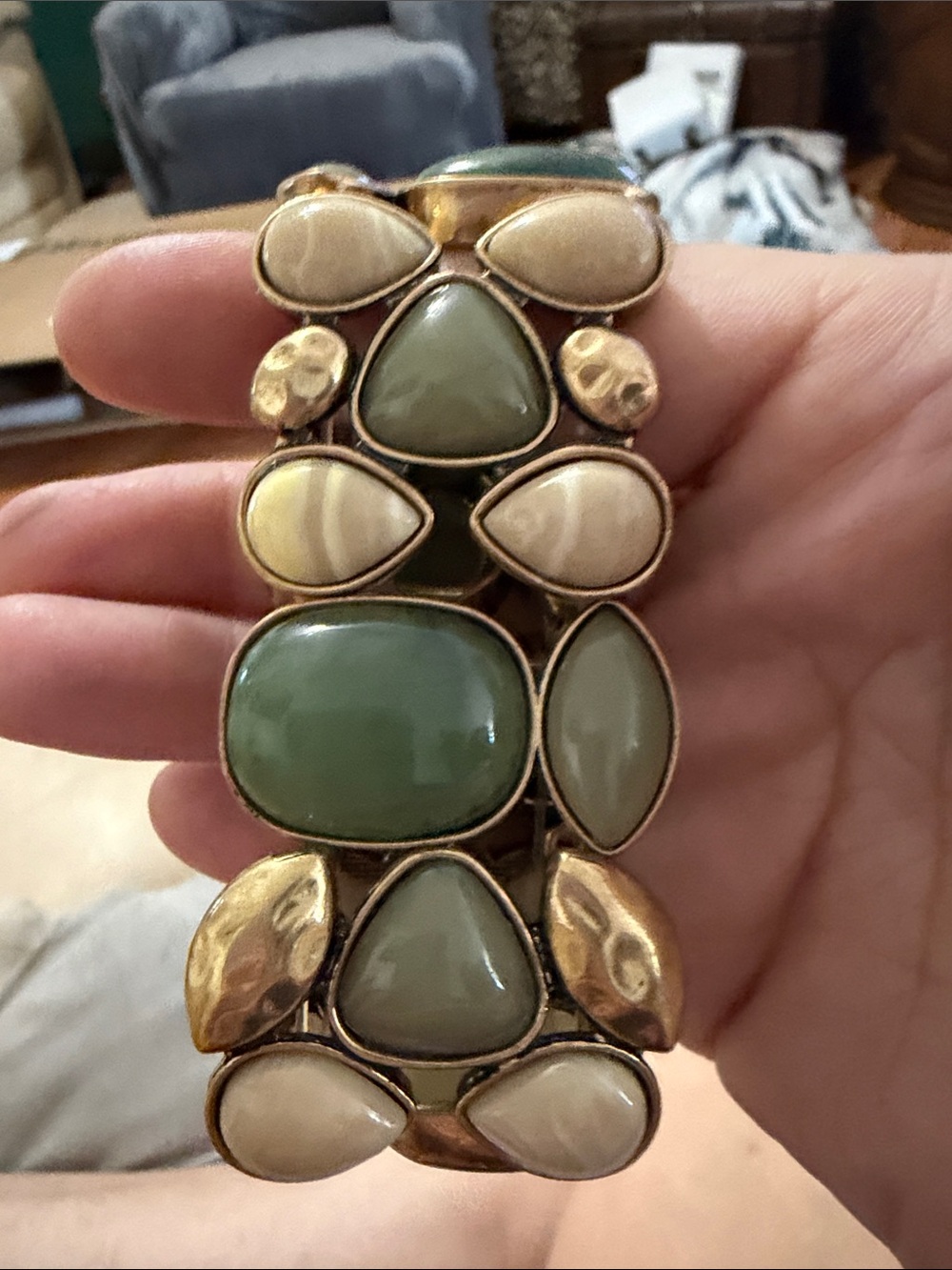 Charming Charlie Gold-Tone Bracelet with Green and Cream Stones